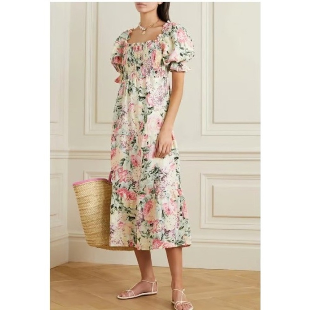 Faithfull The Brand De Christin Venissa Floral Linen Dress Womens 2 Yellow Pink